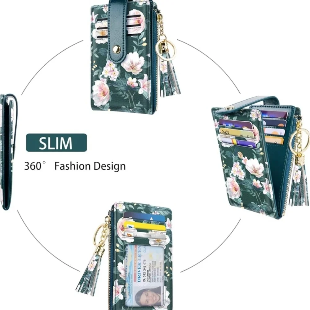 Floral Green Wallet with Tassel Keychain